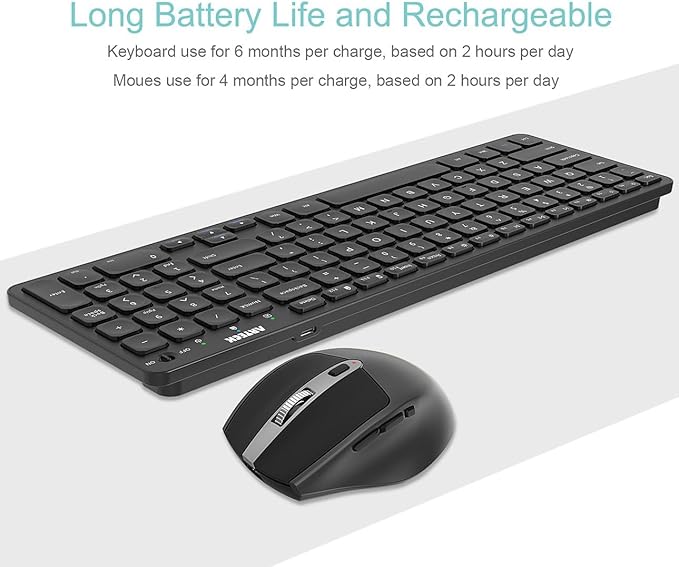 Arteck 2.4G USB Wireless Keyboard and Mouse Combo Ultra Slim Compact Keyboard and Ergonomic Mouse for Computer Desktop PC Laptop and Windows 11/10/8/7 Build in USB-C Rechargeable Battery