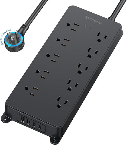 TROND Surge Protector Power Strip with 360° Rotating Flat Plug, 4000J, ETL Listed, 10 Widely Spaced Outlets, 2 USB A and 2 USB C, 5ft Extension Cord, Wall Mountable, for Home Office Garage, Black