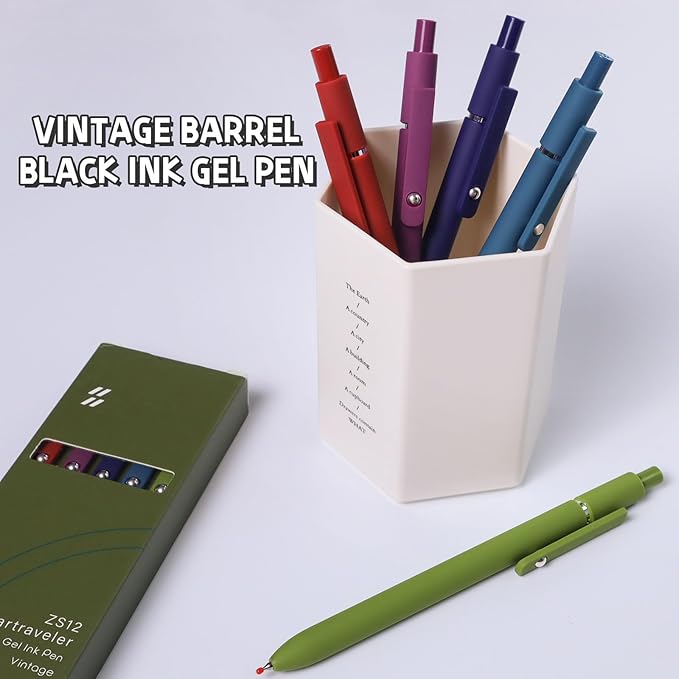 Gel Pens, 5 Pcs 0.5mm Black Ink Pens Fine Point Smooth Writing Pens with Silicone Grip, High-End Series Metal Clip Retractable Pens for Journaling Note Taking (Vintage)