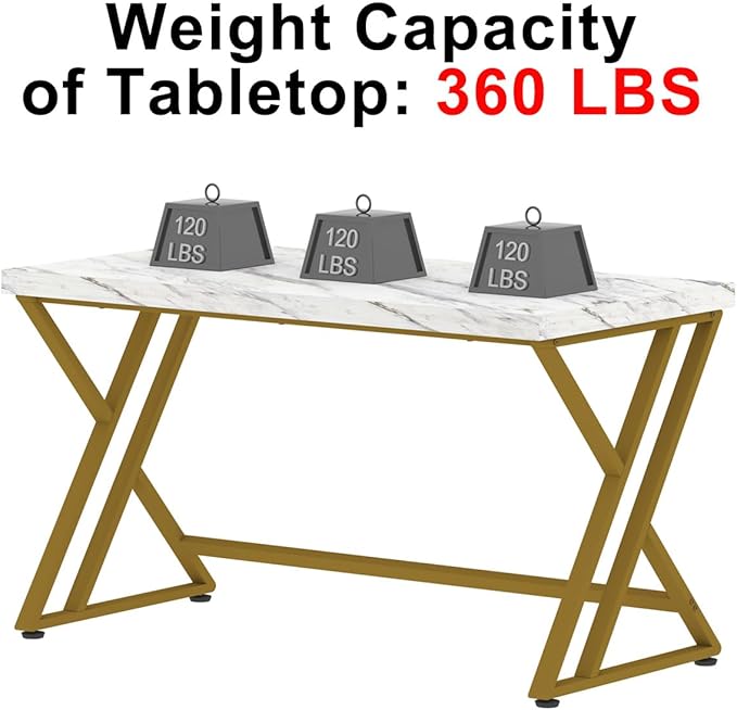 LVB White and Gold Desk, Wood Faux Marble Home Office Computer Desk, Modern Study Executive Table for Gaming Writing, Metal Simple Student Desk for Bedroom, White Marble and Gold, 55 Inch