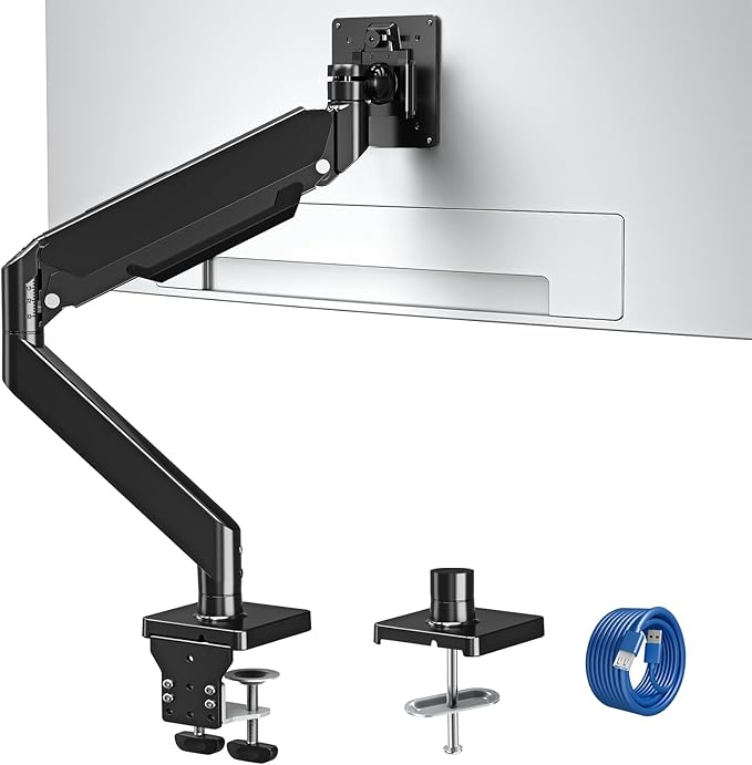 MOUNTUP Single Monitor Mount with USB Fits 42 40 35 32 27 24 Heavy Duty Widescreen, Gas Spring Monitors Stand for Desk, Holds 4.4-33 lbs Screen, Ultrawide Monitor Arm, VESA Mount Clamp/Grommet Base