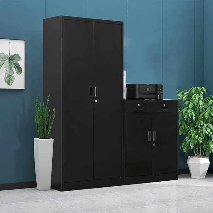 Metal Storage Cabinet with Locking Doors and 2 Drawers, 36” Garage Cabinet for Classroom, Home and Office - Black
