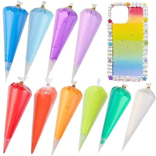 ASTRYAS 10PCS 100g Cream Glue Kit, Decoden Kit, Fake Whipped Cream Glue Clay Frosting with Decorating Tips for Crafts Handmade Phone Case Mirror Jewelry Accessories (Rainbow Theme)