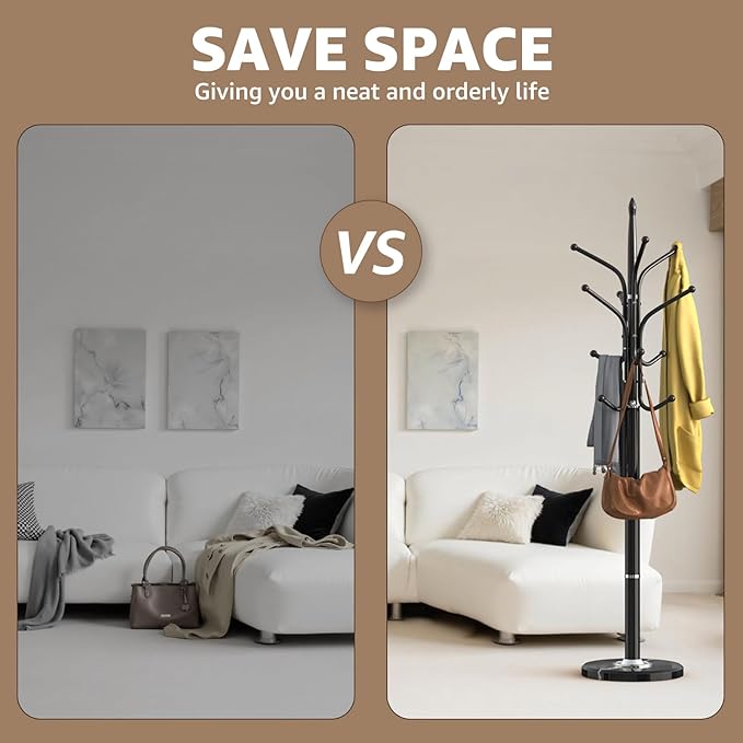 Heavy Duty Coat Rack with Marble Base, Freestanding Hall Coat Tree with 12 Hooks and 3 Adjustable Sizes, Metal Coat Rack Stand for Entryway, Bedroom, Office Hanging Purses, Coats, Scarves, Hats