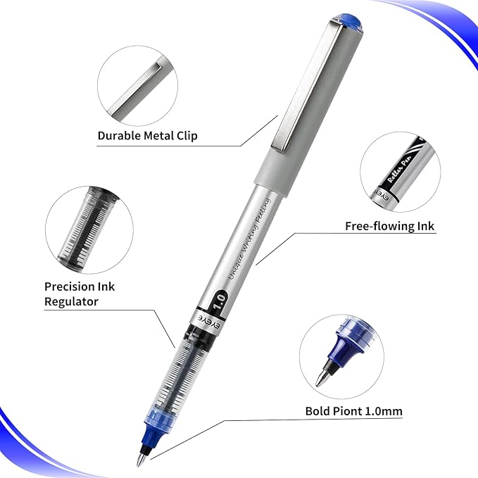 EYEYE Rollerball Pens Blue Bold Point, 8 Pack Liquid Ink Pen 1.0mm Quick Dry, Blue Ink Pens Fine Point Smooth Writing Pen for Journaling, Note Taking, Office, School Supplies