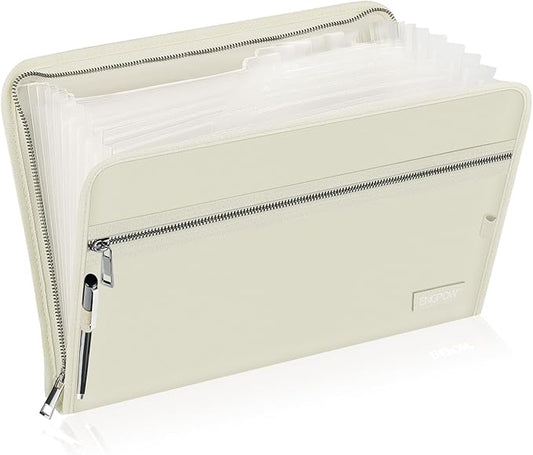 ENGPOW Accordion File Organizer,Fireproof 13 Pockets Expanding File Folder,Document Organizer Folder with Zipper＆Labels,Portable Home Travel Safe Storage for Letter A4 Files and More,Beige