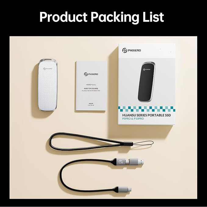 PHIXERO P10PRO External NVMe SSD 1TB, Up to 1050MB/s, USB 3.2 Gen2, Includes 2-in-1 USB C Cable, Portable Hard Drive for iPhone 15+/Android/Windows/Mac, White