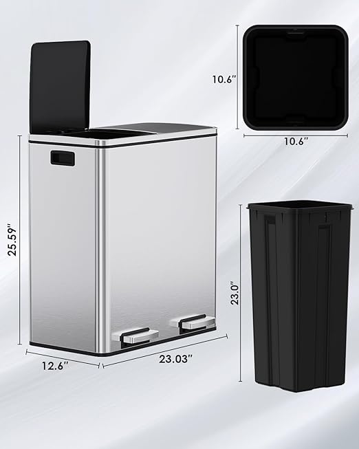 Arlopu 16 GallonStainless Steel Trash Can, 60L Dual Compartment, Metal Kitchen Step Recycle Bin, Metal Double Dustbin, in-Home Garbage Rubbish Can W/Removable Liner Buckets (Silver)