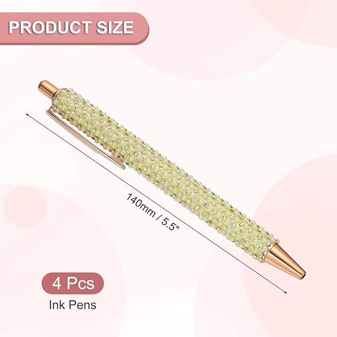 PATIKIL Rhinestone Metal Ballpoint Pen, 4 Pack Crystal Pearl Pens Black Ink 1.0mm Point Sparkly for Women Gift Office Note Taking Journaling, Yellow