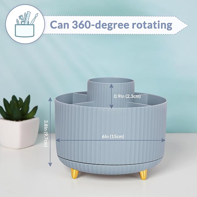 SKYDUE 360 Degree Rotating Desk Organizer, Dual-Purpose Pencil Pen Holder, Rotating Desk Pen Organizer with 5 Slots, Pencil Cup for Office, School, Home (Airy Blue)