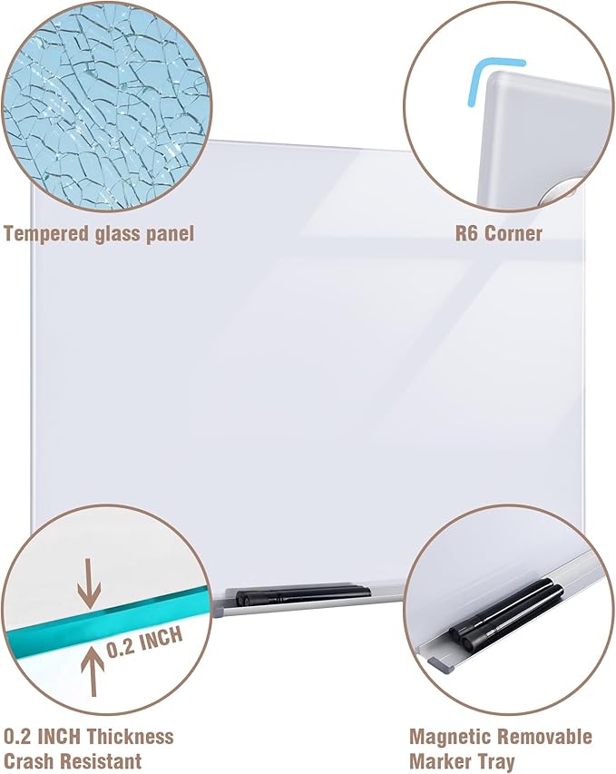 Magnetic Glass Whiteboard，24"x18" Wall Mounted Frameless Dry Erase Board for Office, Home & School Ultra White