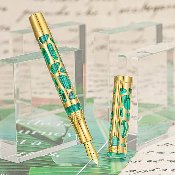 Asvine V169 Vacuum Filling Fountain Pen Iridium Fine Nib, Water Drop Skeleton Gold Trim Transparent Green Acrylic Pen Case Set