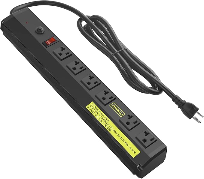 JUNNUJ Heavy Duty Metal Power Strip 20 Amp, High Amp Surge Protector 6 Outlet, 20A Power Strips Workshop Industrial Outlets Wide Spaced 6-20R T-Slot with Circuit Breaker, 12 Gauge Extension Cord 10ft