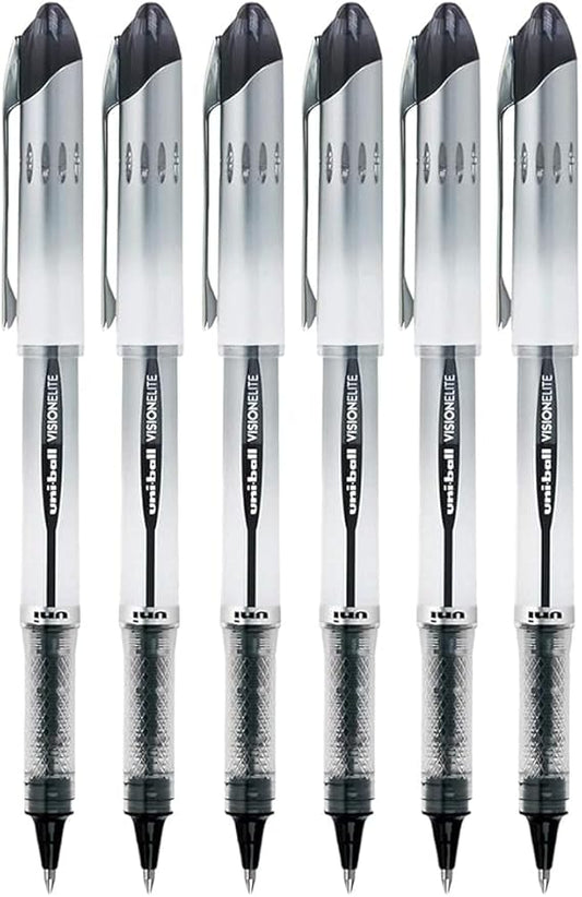 Vision Elite Rollerball Pens, Bold Point (0.8mm), Black Ink, 6 count, Bundle with Plastic Reusable Pouch