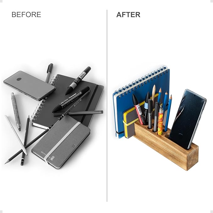 Hoffenwell Wooden Desk Organizer with Phone Holder – Stylish & Functional Book, Pen and Cell Phone Charging Stand - Solid Wood Pen Holder for Desk