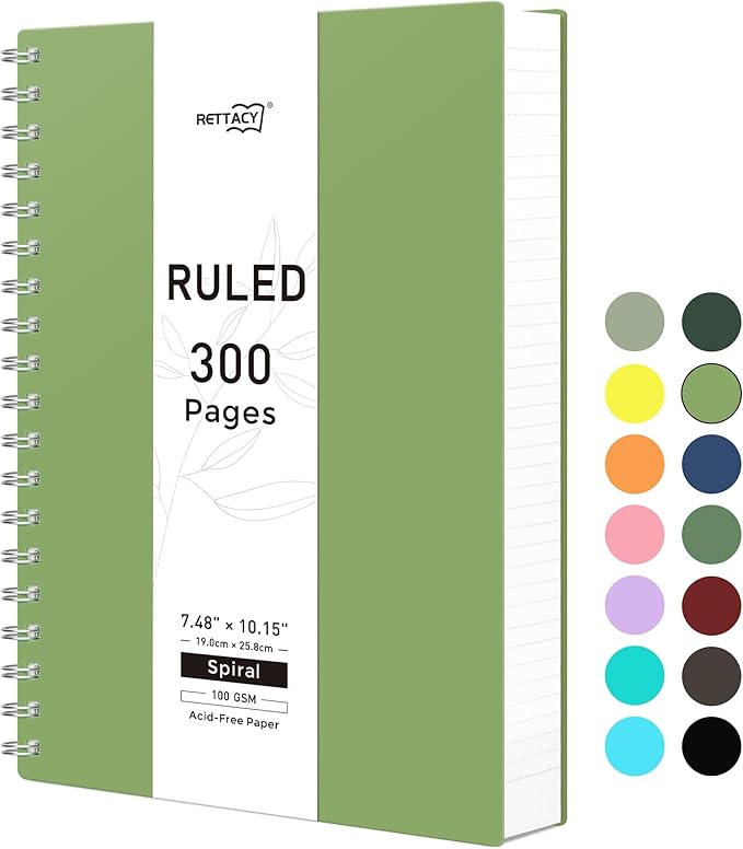 RETTACY Spiral College Ruled Notebook, 300 Pages, B5 Medium Size (7.4" x 10"), for School, Work, Writing, Journaling, 100 GSM Thick Paper, Flexible Plastic Cover (Green)