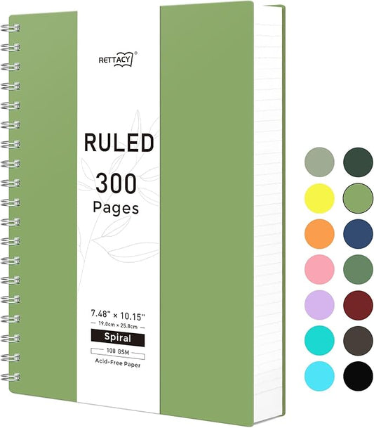RETTACY Spiral College Ruled Notebook, 300 Pages, B5 Medium Size (7.4" x 10"), for School, Work, Writing, Journaling, 100 GSM Thick Paper, Flexible Plastic Cover (Green)