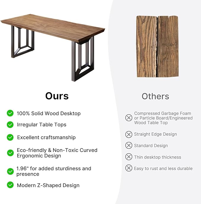 Solid Wood Computer Desk Study Office Desk 55" Writing, Modern Simple Style PC Table, Black Metal Frame, Solid Wood Planks 55" D x 27" W x 29" H for Home Office Bedroom,Rustic Brown