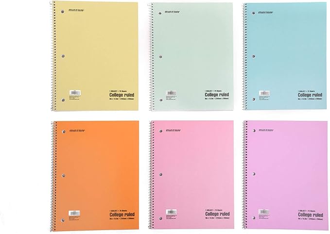 Mintra Office Spiral Notebooks - 1 Subject, 70 Sheets, College Ruled, 8in x 10in, Bulk Pack, Pastel Covers, Set of 6 - for School, Office, Business, Professional (04693)