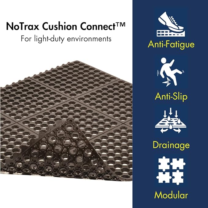 NoTrax 3' x 3' Light-Duty Rubber Drainage Mat, Customizable Modular Interlocking Design with Ergonomic Support, Lightweight, Anti-Fatigue, Non-Slip Surface, Black, 501S0033BL