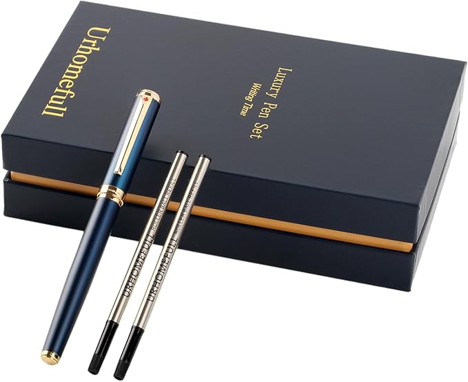 Luxury Blue Rollerball Pen-Fancy Pen with Real 24K Gold Trim, Switzerland Tip Point Writing Smooth, Nice Roller Ball Pen Gift Set for Men Women, Professional Pen Business Birthday Christmas