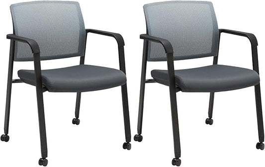 CLATINA Mesh Back Stacking Arm Chairs with Upholstered Fabric Seat and Ergonomic Lumbar Support for Office School Church Guest Reception (WithWheels Gray- 2 Pack)