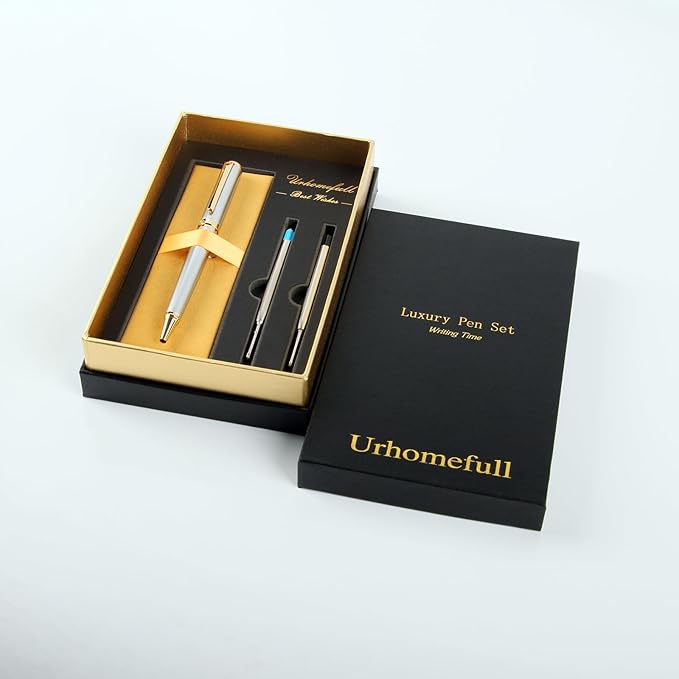 Luxury Ballpoint Pen with 24K Gold Trim, Switzerland Tip Point with Black Ink Refills, Fancy Ball Point Pen Gift Set for Men Women, Nice Writing Pens for Chirtmas,Silver