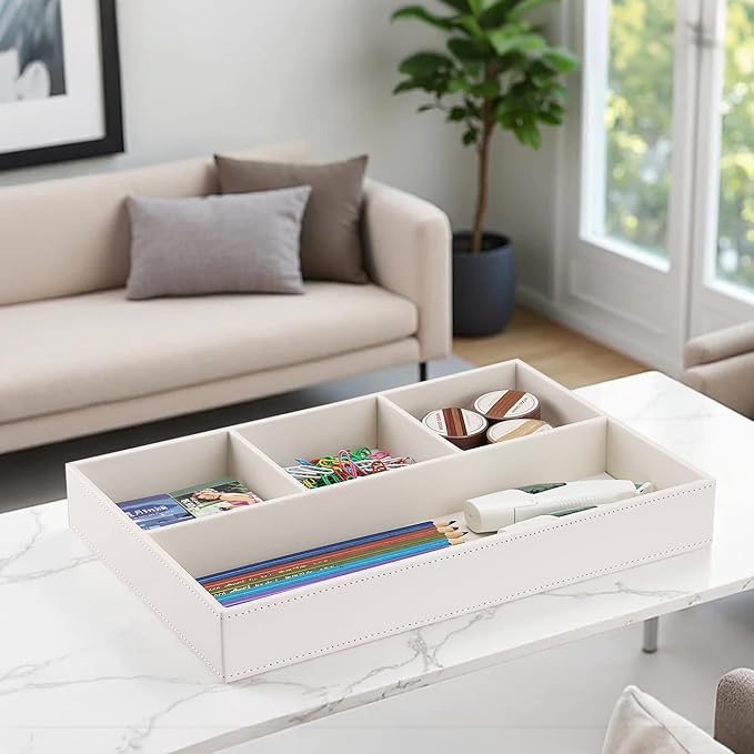 KINGFOM PU Leather Desk Drawer Organizer, 4 Compartment Office Supplies Stationery Storage Tray, Desk Organizers and Accessories Drawer Organizer Tray for Home, Makeup, Jewelry Stackable White