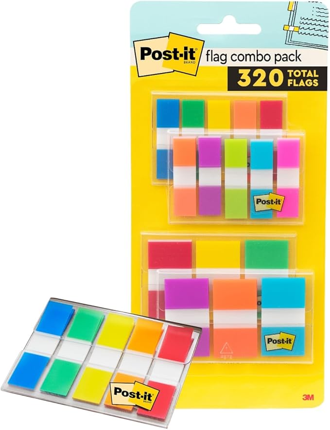 Post-it Flags Combo Pack, 4 On-The-Go Dispensers/Pack, 120 .94 in Wide and 200 .47 in Wide Flags, Assorted Colors (683-XL1)