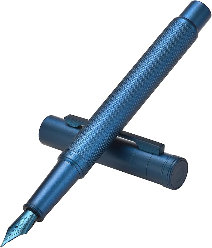 Dark Blue Forest Fountain Pen Extra Fine Nib Classic Design with Converter and Metal Pen Case Set by Asvine