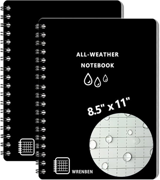 2PCS Weatherproof Stone Paper Spiral Notebooks 8 1/2" x 11" with 100 Pages Universal Pattern, A4 Large Size Waterproof Notebooks for Outdoor Field (8.5" x 11", Black)