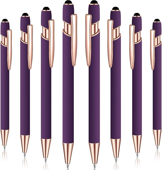 8 Pieces Ballpoint Pen with Stylus Tip Black Ink 2 in 1 Stylus Metal 1.0 mm Medium Point Smooth Pen Rainbow Colorful Rubberized Ballpoint for Touch Screen Tablet(Purple)