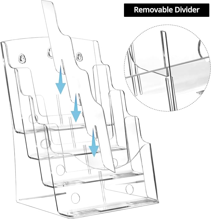 QWORK 2 Pack Acrylic Brochure Holder, 8.5 x 11 inch 4-Tier Literature Pamphlet Flyer Holder, Magazine Booklet Organizer Stand with Removable Divider