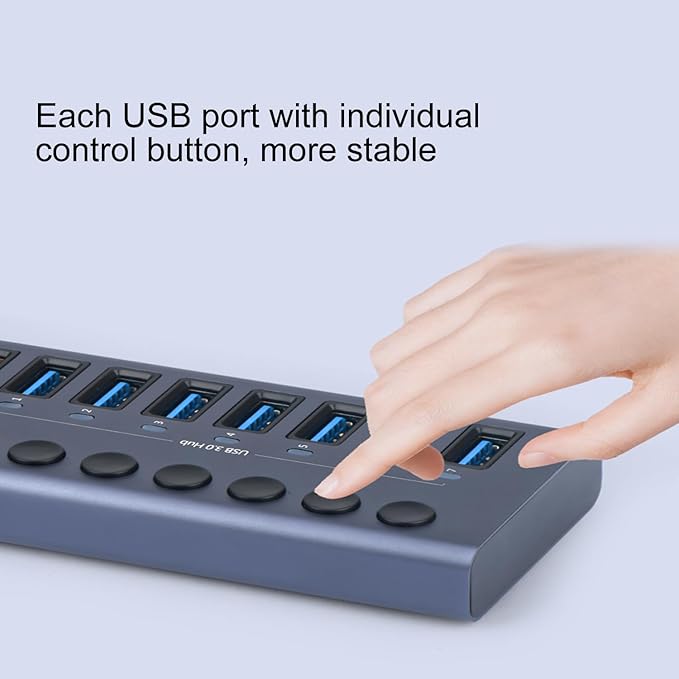 MaxLax 10 Port Aluminum USB 3.0 hub with 10 Port USB Data Transfer,Power Adapter USB Splitter Independent Switch