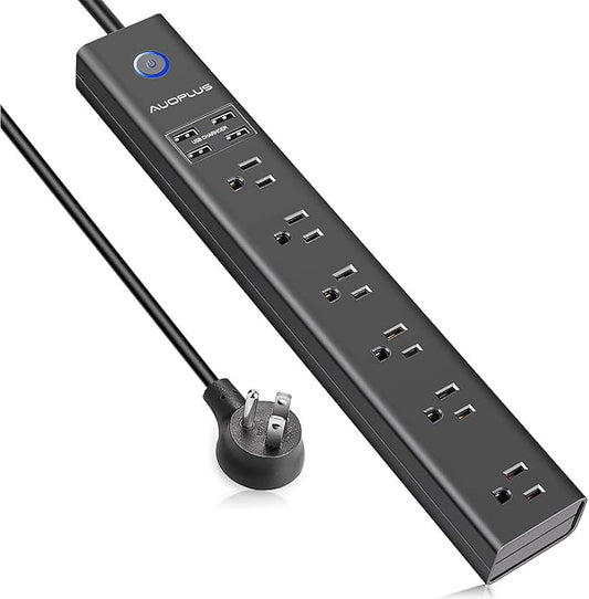 Surge Protector Power Strip with USB, AUOPLUS 10FT Outlet Strip, 6 Outlet and 4 USB Charger,[Flat Plug/Wall Mountable], 1250W/10A/2100J, Long Extension Cord for Computer iPhone Home Office Dorm