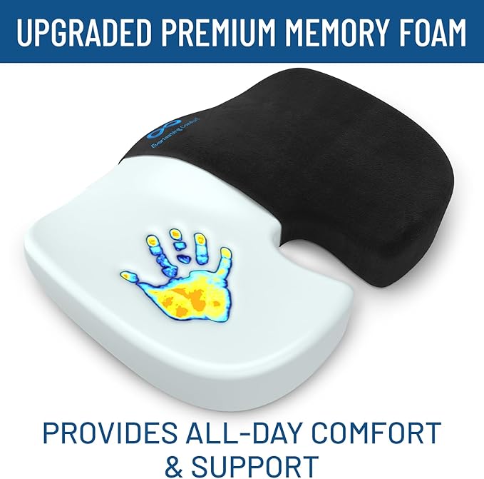Everlasting Comfort Doctor Recommended Memory Foam Seat Cushion for Office Chairs & Car Seat - Ergonomic Office Desk Accessories for Tailbone Pain Relief, Sciatica & Back Support
