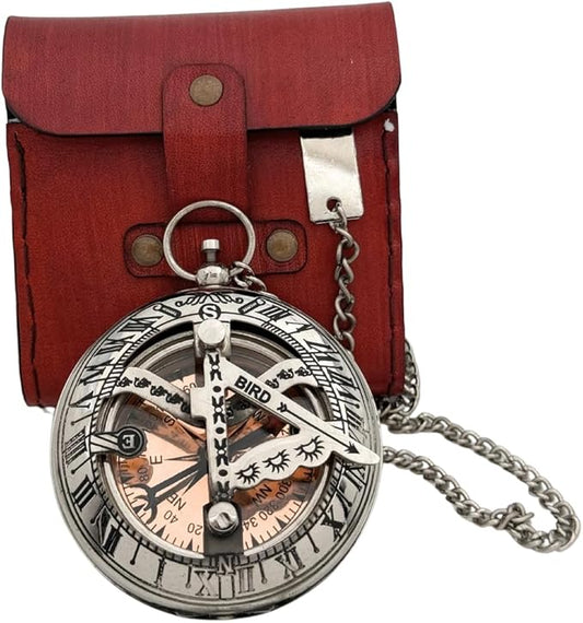 Vintage Brass Sundial Compass with Leather Case - Antique Brass & Copper Sun Clock for Camping, Hiking, Touring - Engraved Gift for Him - Silver Large Compass Viking Pendant Necklace for Men