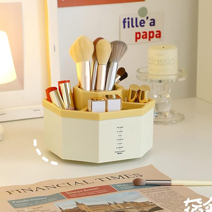 Desk Organizer, 360-Degree Rotating Multi-Functional Pen Holder, 5 Compartments Desktop Stationary Organizer, Home Office Art Supply Storage Box Caddy (White+Yellow)