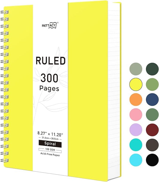 RETTACY Spiral College Ruled Notebook, 300 Pages, A4 Large Size (8.2" x 11.2"), for School, Work, Writing, Journaling, 100 GSM Thick Paper, Flexible Plastic Cover (Yellow)