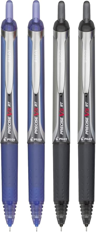 Precise V5 RT Retractable Rolling Ball Pens, Extra Fine Point (.5mm), Assorted Colors Black/Blue Ink, 4-pk; Premium Comfort Grip, Bundle with Plastic Reusable Pouch