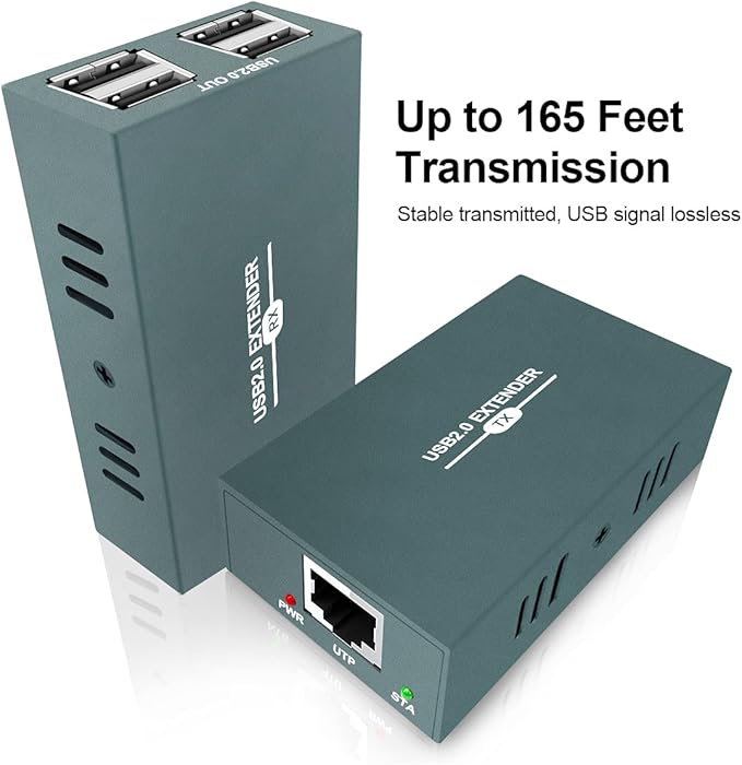 USB Extender Over Ethernet RJ45 LAN Extension, with 4 USB 2.0 Ports, Transmit 50m/165ft Over Ethernet Cat5/5e/6/7, Support Power Over Cable, Play and Plug, No Driver Required