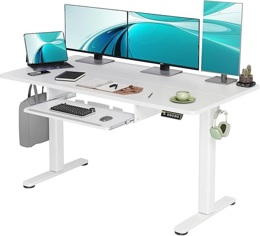 Claiks Standing Desk with Keyboard Tray, Electric Standing Desk Adjustable Height, 55x24 Inches Sit Stand up Desks with Splice Board, Raising Desks for Home Office, White