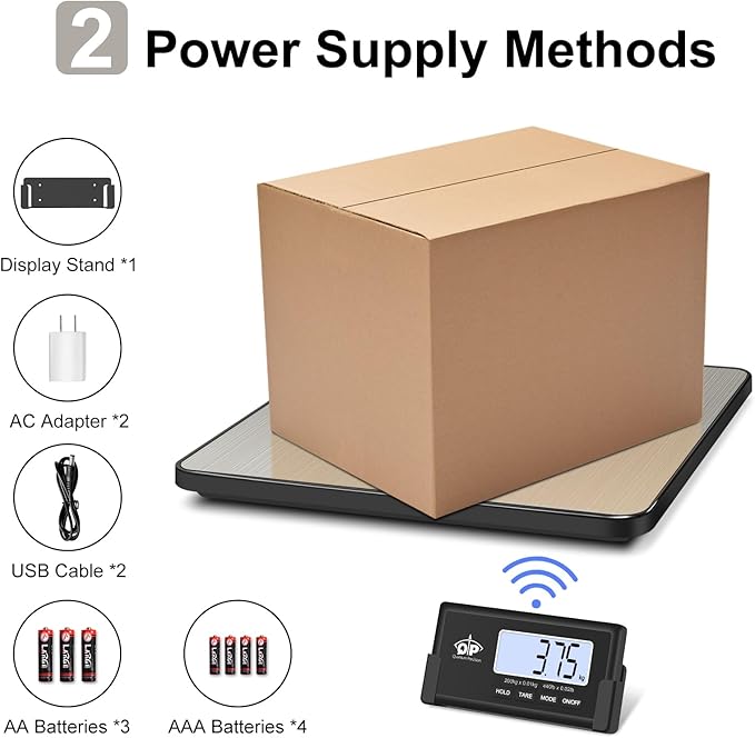 QP Shipping Scale, 440 lb/0.35 oz High Accuracy Digital Postal Scale, Postage Scale, Wireless LCD Display, Hold/Tare Function, Lightweight Scale for Packages/Luggage/Pet, Battery & AC Adapter Included