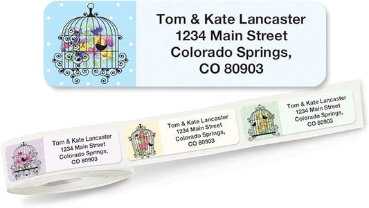 Birdcages Rolled Personalized Return Address Mailing Labels with Dispense, Set of 250, 5 Designs, Small ¾ x 2½ Inch Size, Custom Self-Adhesive Sticker Roll, by Colorful Images