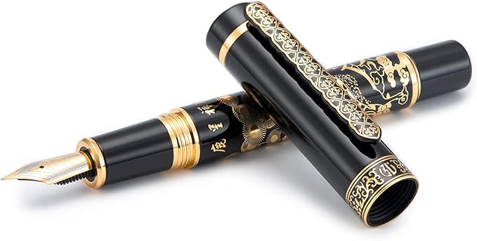 Hongdian 8037 Chinese Classical Fountain Pen, Iridum Fine Gold Nib with Chinese Deer Totem Design, Smooth Writing Pen with Ink Converter and Metal Pen Box Set