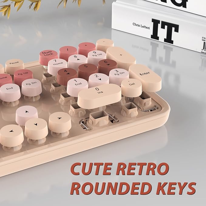 Wireless Keyboard and Mouse, KOOTOP Cute Keyboard and Mouse, 2.4G Wireless Keyboard with Retro Round Keycap for PC, Mac, Laptop,Computer Windows (Milk Tea)