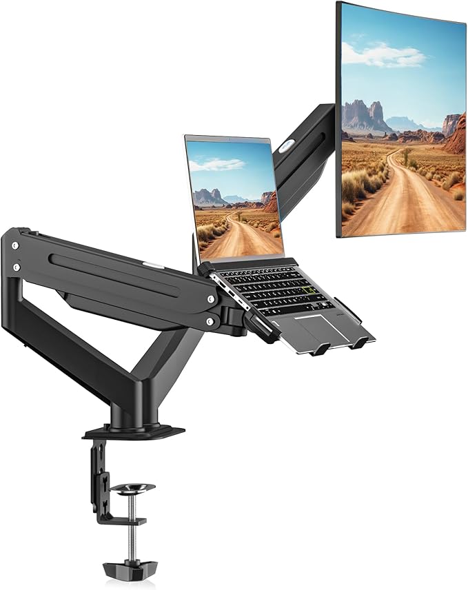 Suptek Monitor Laptop Mount Stand, 2 in 1 Function Dual Monitor Arms Desk Mount for 11"-17" Notebook and 17"-32" Monitor with Laptop Tray,Holds up to 22lbs
