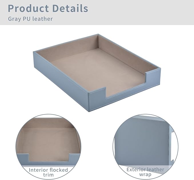 Leather Letter Tray,Stackable File Document Tray,Desk Organizer for Office Supplies,A4 Paper Case Rack,Desktop Organization,Pen Mail Magazine Storage Box (Grey)