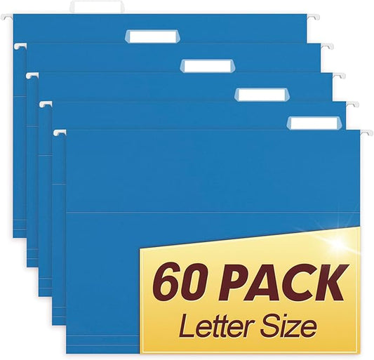 HERKKA Hanging File Folders, 60 Pack Reinforced Letter Size Hanging Folders, Designed for Bulky Files, Filing Cabinet, 1/5-Cut Adjustable Tabs (Lightblue)