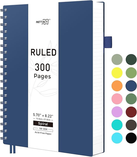 RETTACY Spiral College Ruled Notebook, 300 Pages, A5 Medium Size (5.7" x 8.2"), for School, Work, Writing, Journaling, 100 GSM Thick Paper, Flexible Plastic Cover (Navy Blue)